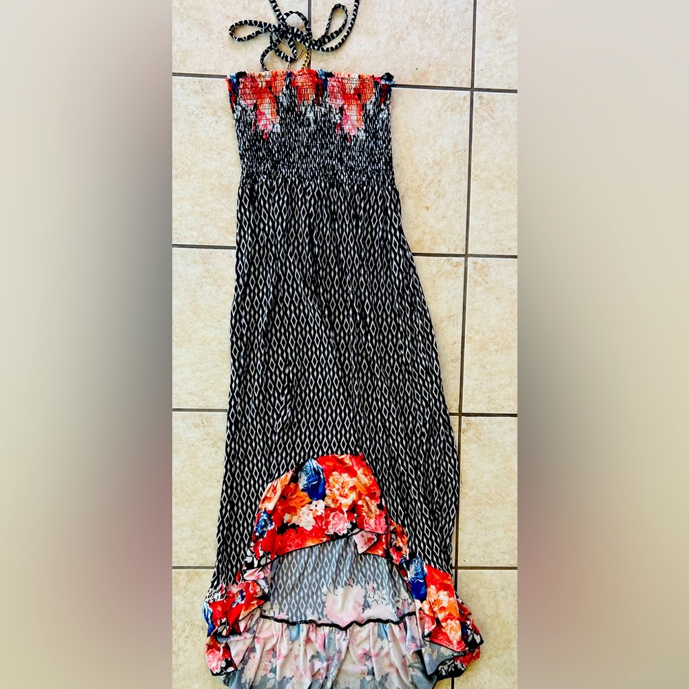 Peachy Girl Floral embroidered pattern vibrant hues gold chain tie maxi dress.